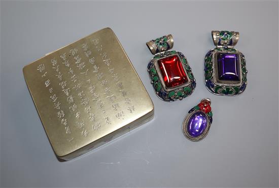 A Chinese paktong inscribed inkbox and paste jewellery